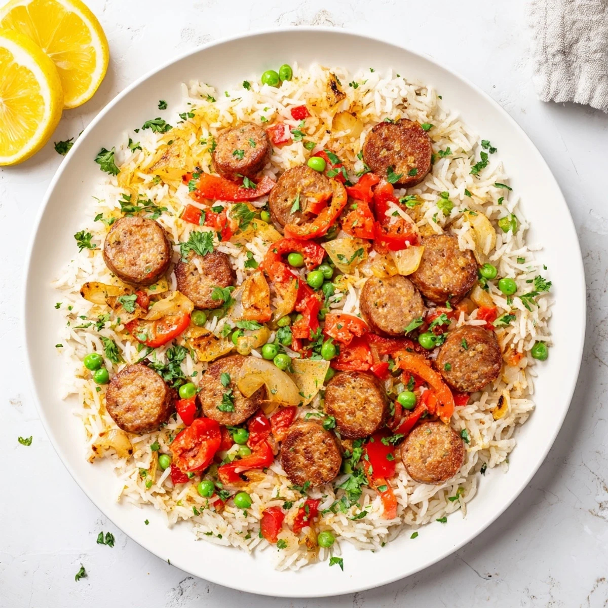 Golden crispy skillet rice with savory chicken sausage, colorful vegetables, and fresh parsley garnish