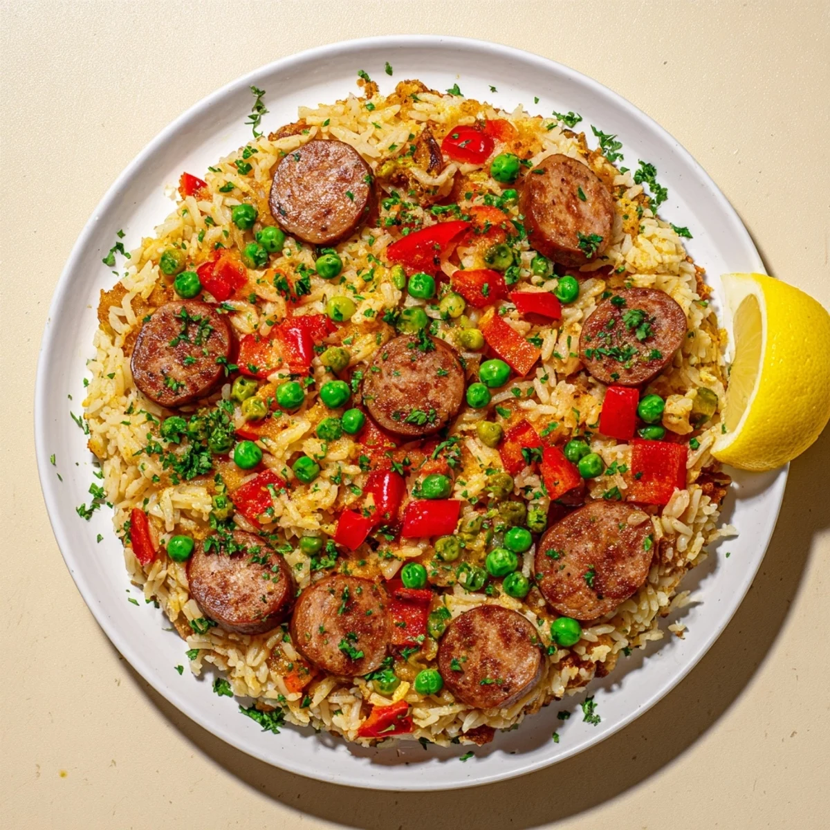 Comforting crispy skillet rice dish topped with sliced chicken sausage, bright peppers, and green peas
