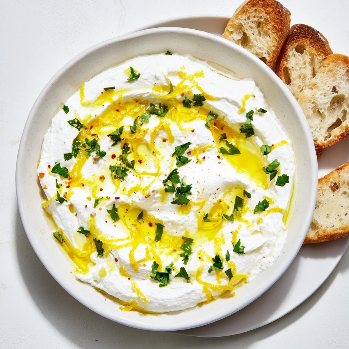 Creamy whipped ricotta spread topped with fresh herbs and lemon zest on a serving plate