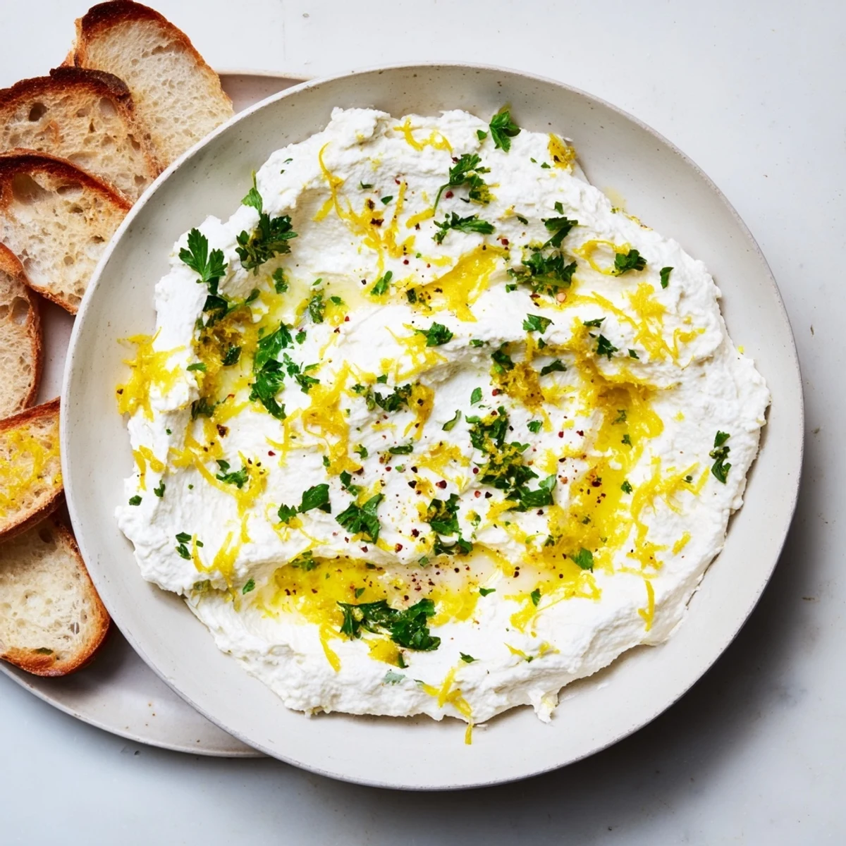 Fluffy white ricotta cheese blended with olive oil served alongside toasted crusty bread slices