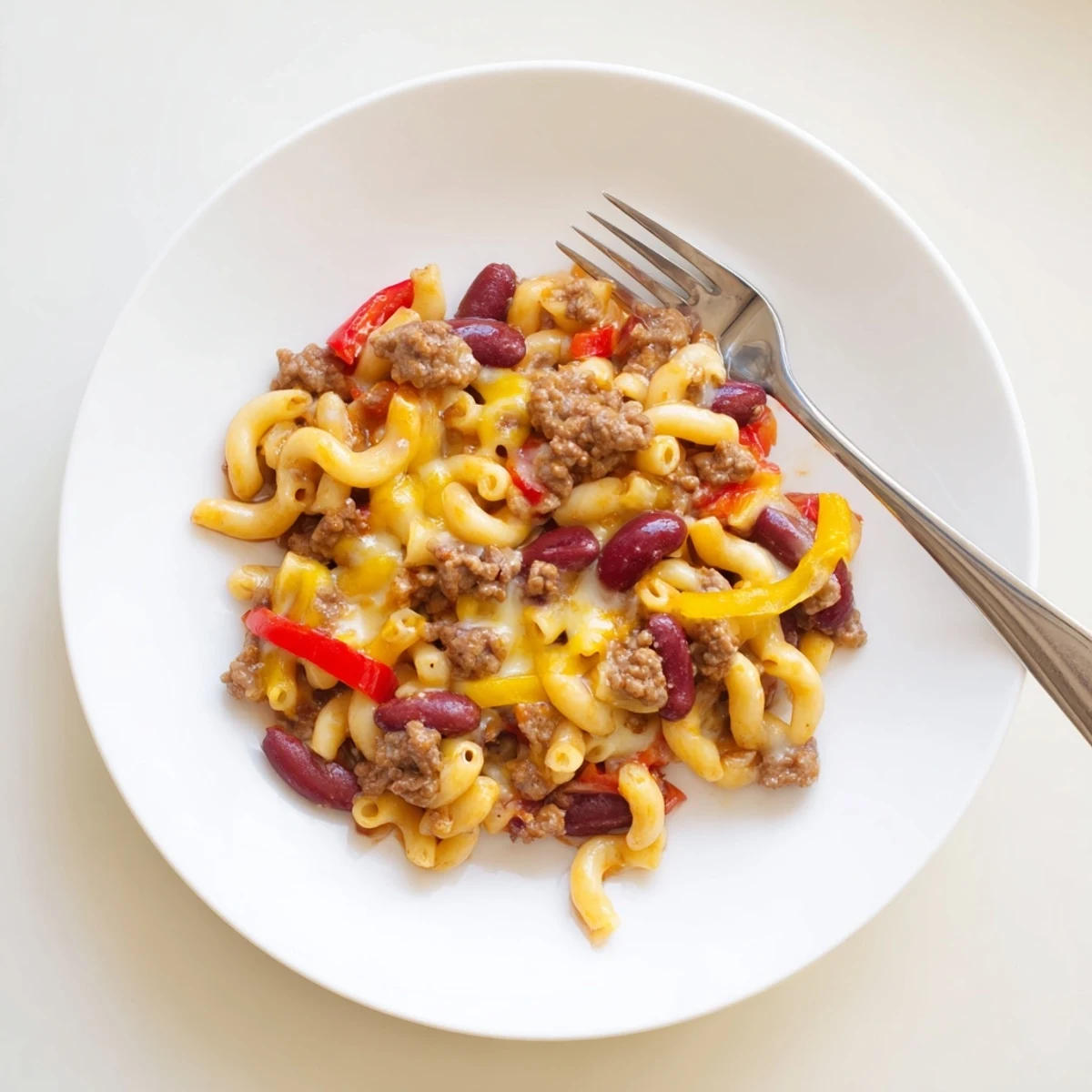 Bubbly chili mac and cheese casserole with melted cheddar topping and hearty beef chunks