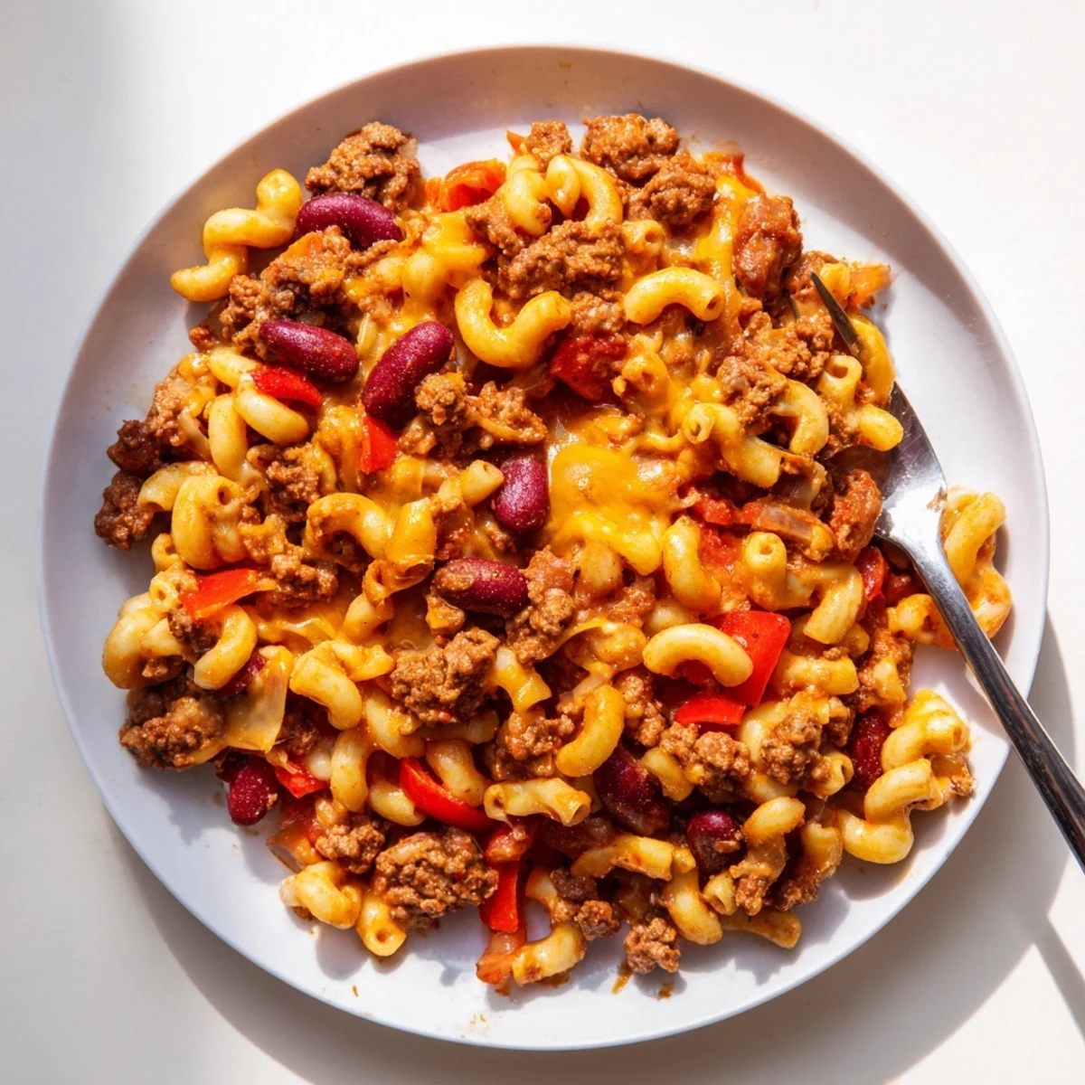 Creamy chili mac and cheese baked until golden with kidney beans and ground beef