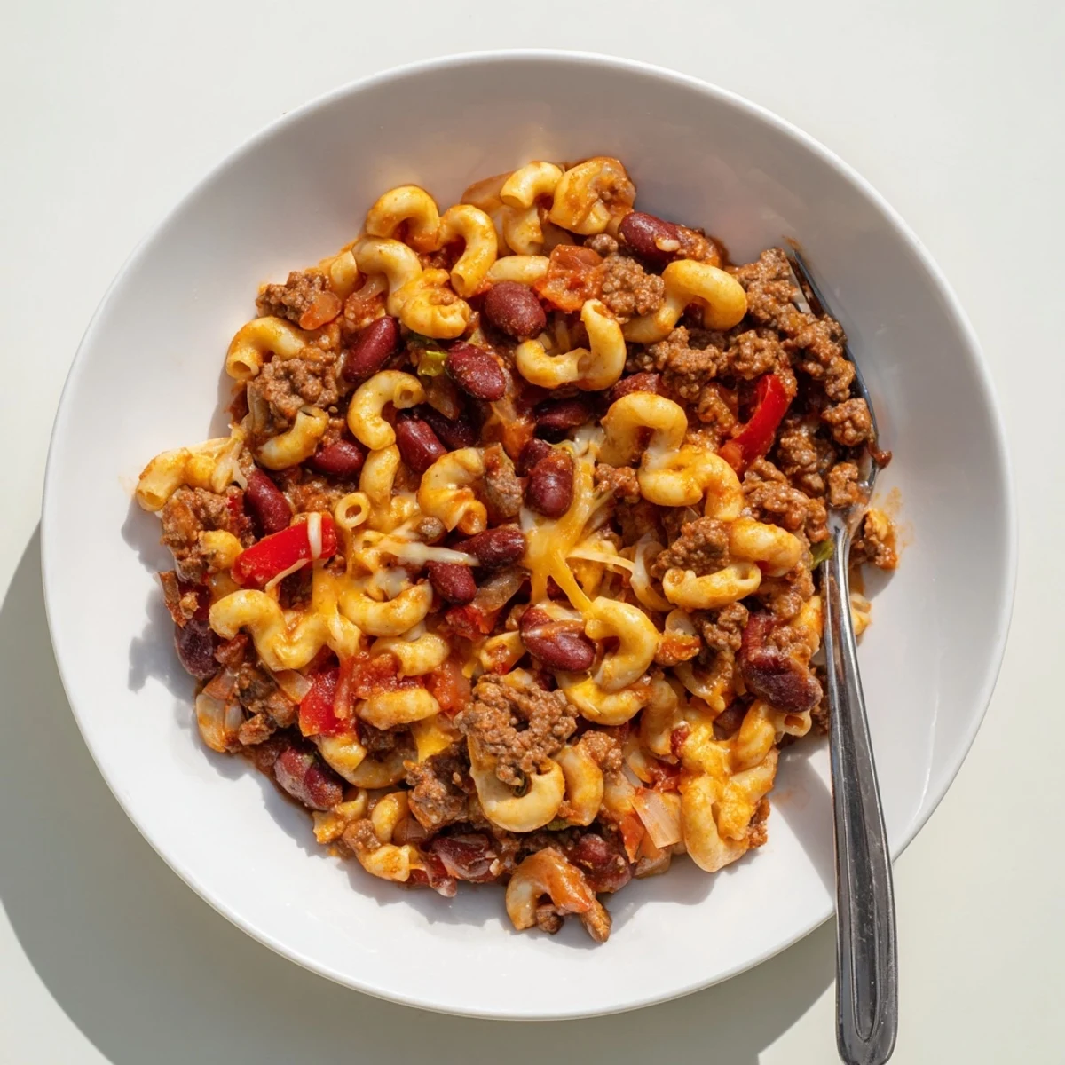 Hearty chili mac and cheese in a white bowl showcasing cheesy pasta and beef chili