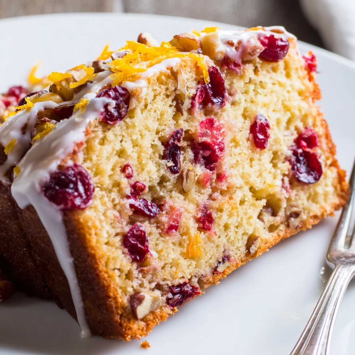 Cranberry Orange Bread sliced on wire rack, steaming, citrus aroma wafting