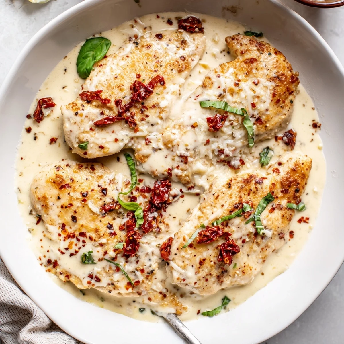 Dump And Go Crockpot Marry Me Chicken bubbling in creamy sauce, sun-dried tomatoes.