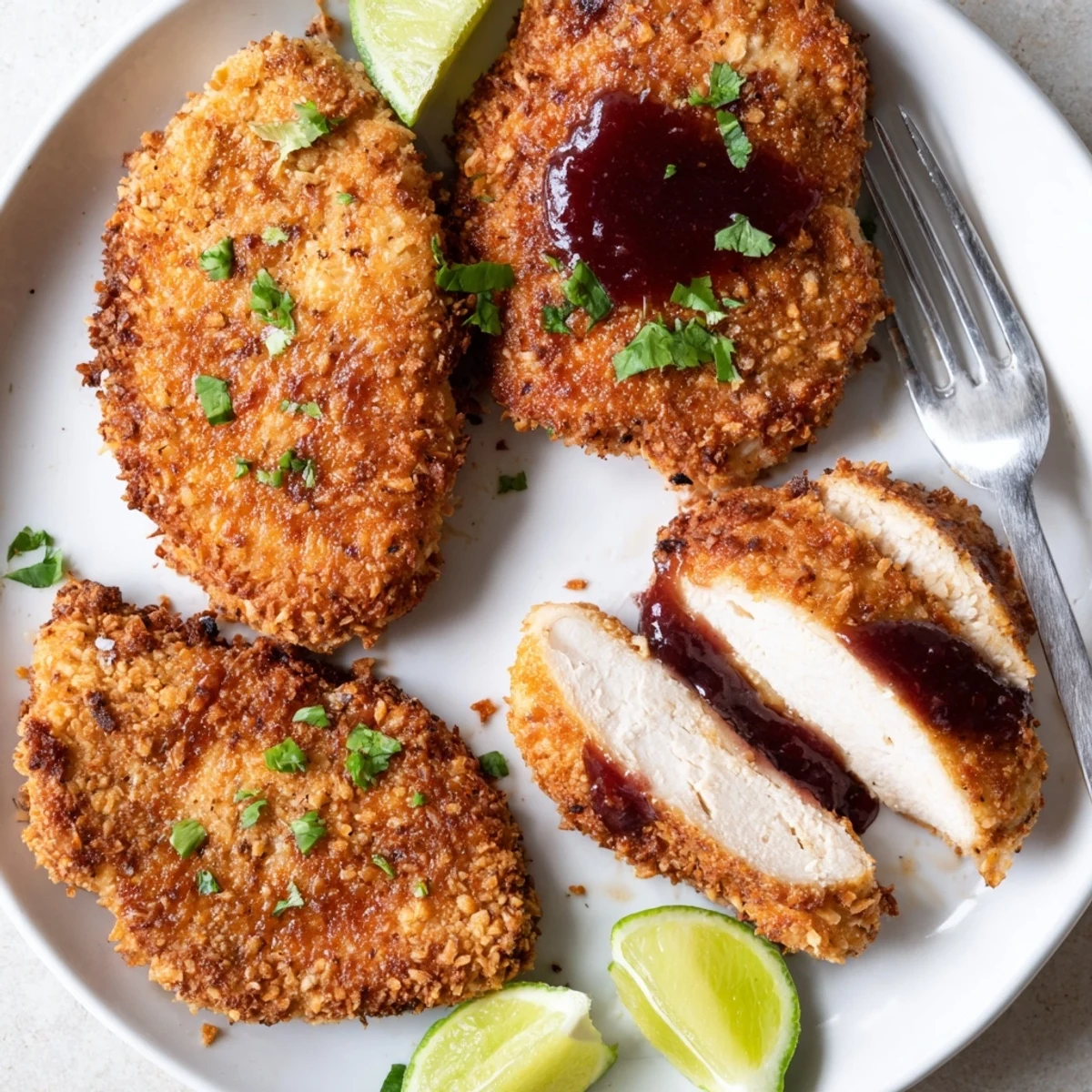 Coconut Chicken With Apricot Sauce on a plate, crispy, tangy glaze