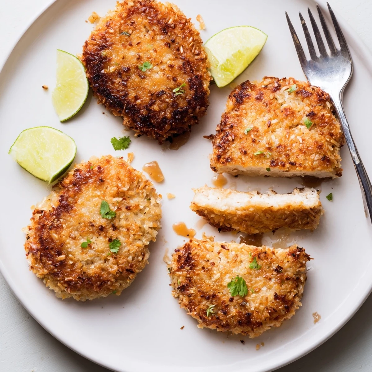 Pan-seared Coconut Chicken With Apricot Sauce, golden coconut crust, cilantro garnish