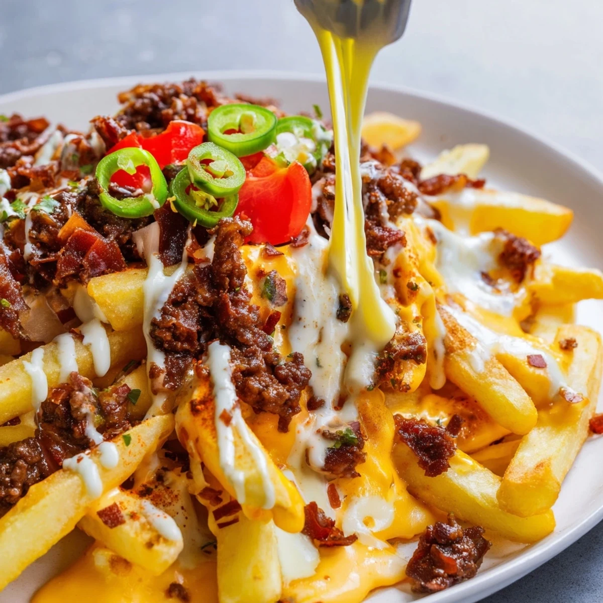 Chorizo Queso Dip Fries piled warm, gooey cheese, sizzling spicy chorizo.