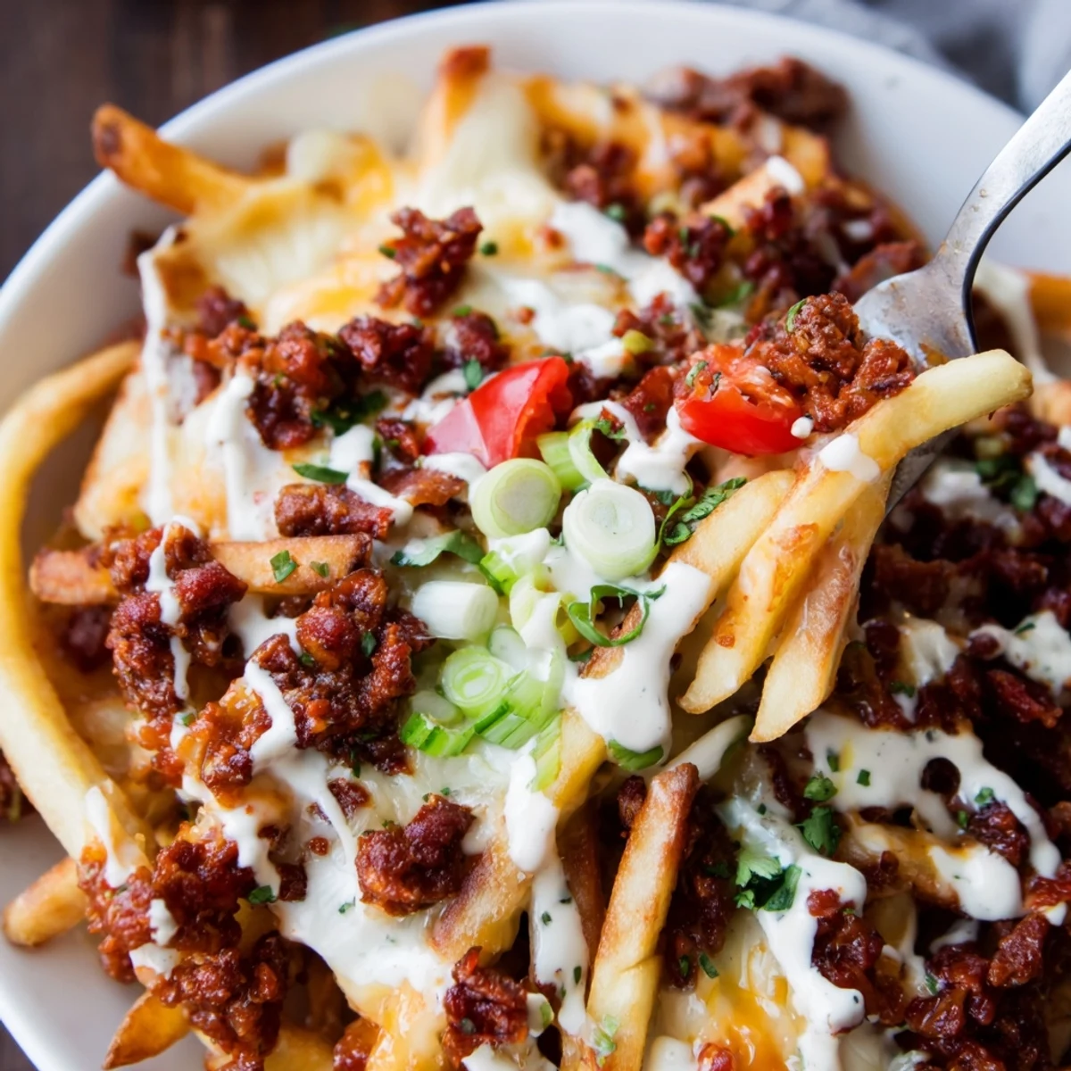 Warm Chorizo Queso Dip Fries ready for sharing, jalapeño slices and sour cream.