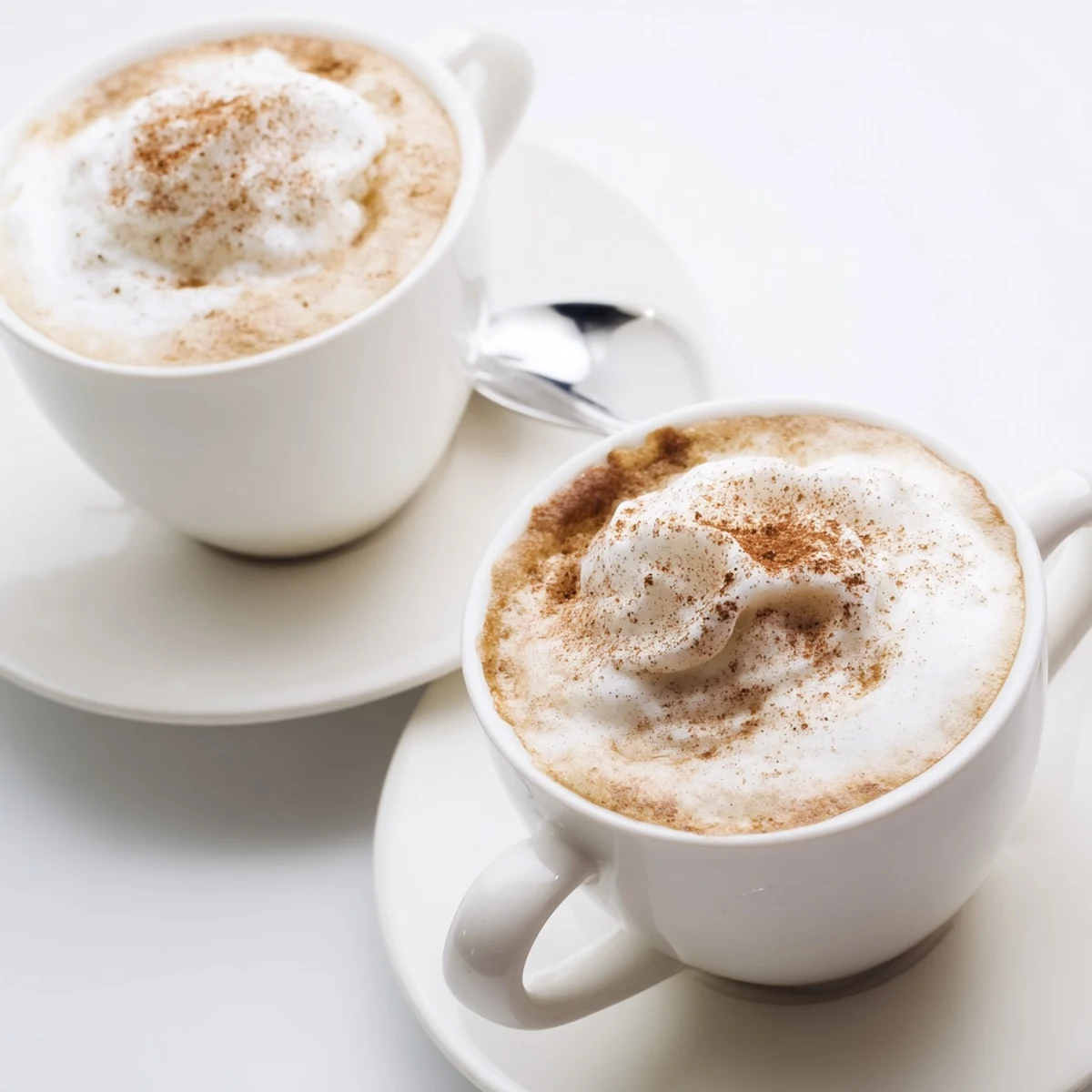 A pair of Cozy Winter Lattes topped with whipped cream and nutmeg
