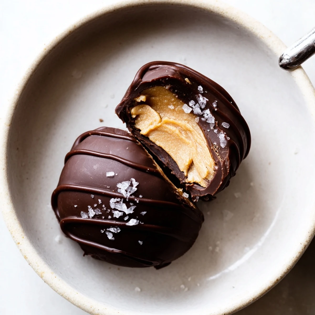 Frozen Peanut Butter Greek Yogurt Bites Dipped In Dark Chocolate With Sea Salt plated