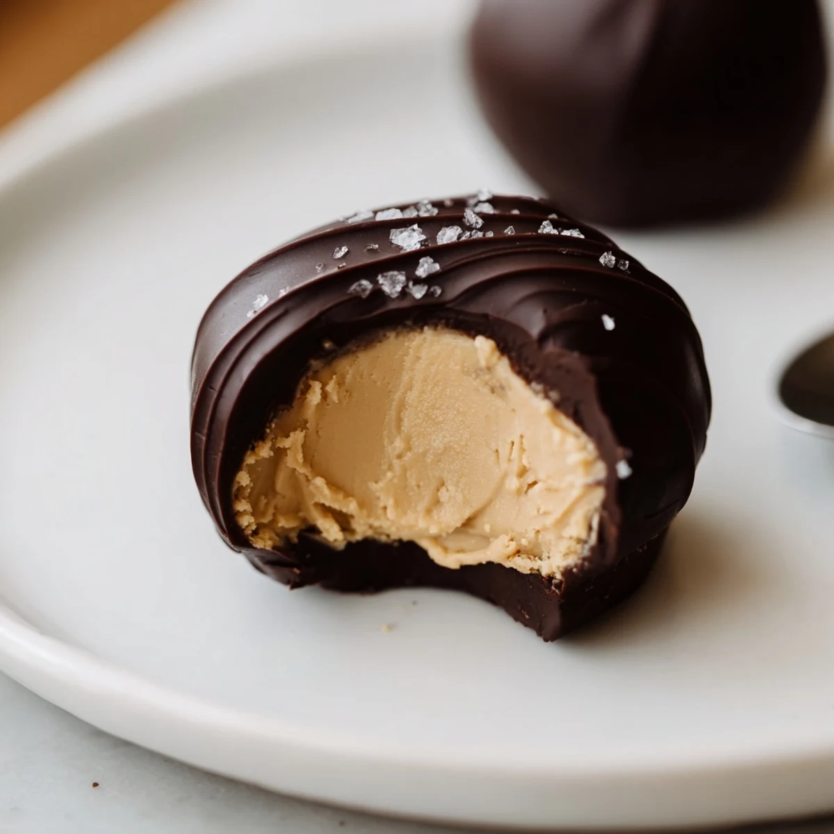 Bite-sized Frozen Peanut Butter Greek Yogurt Bites Dipped In Dark Chocolate With Sea Salt
