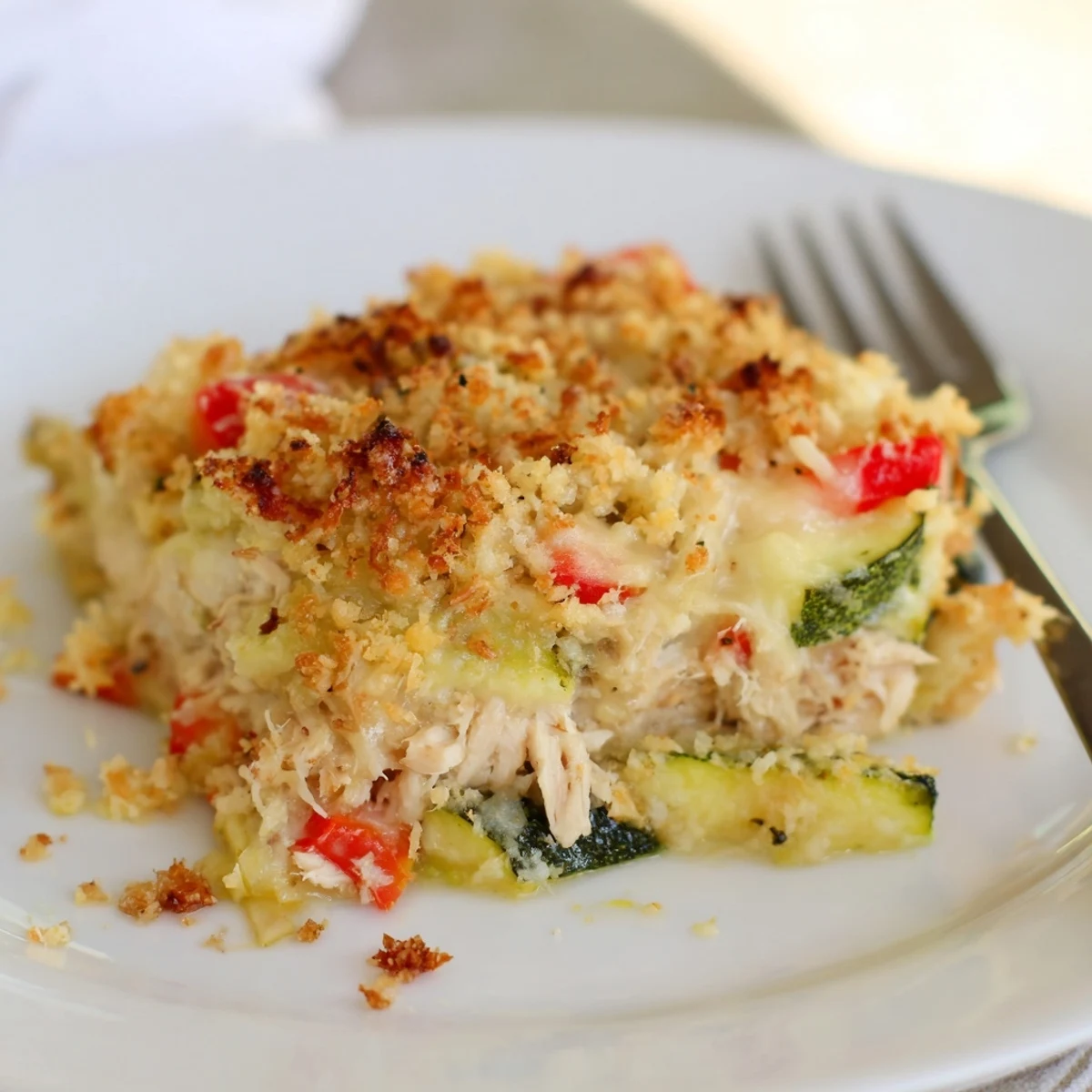Family Friendly Chicken Zucchini Bake bubbling under golden, gooey mozzarella and crispy breadcrumbs