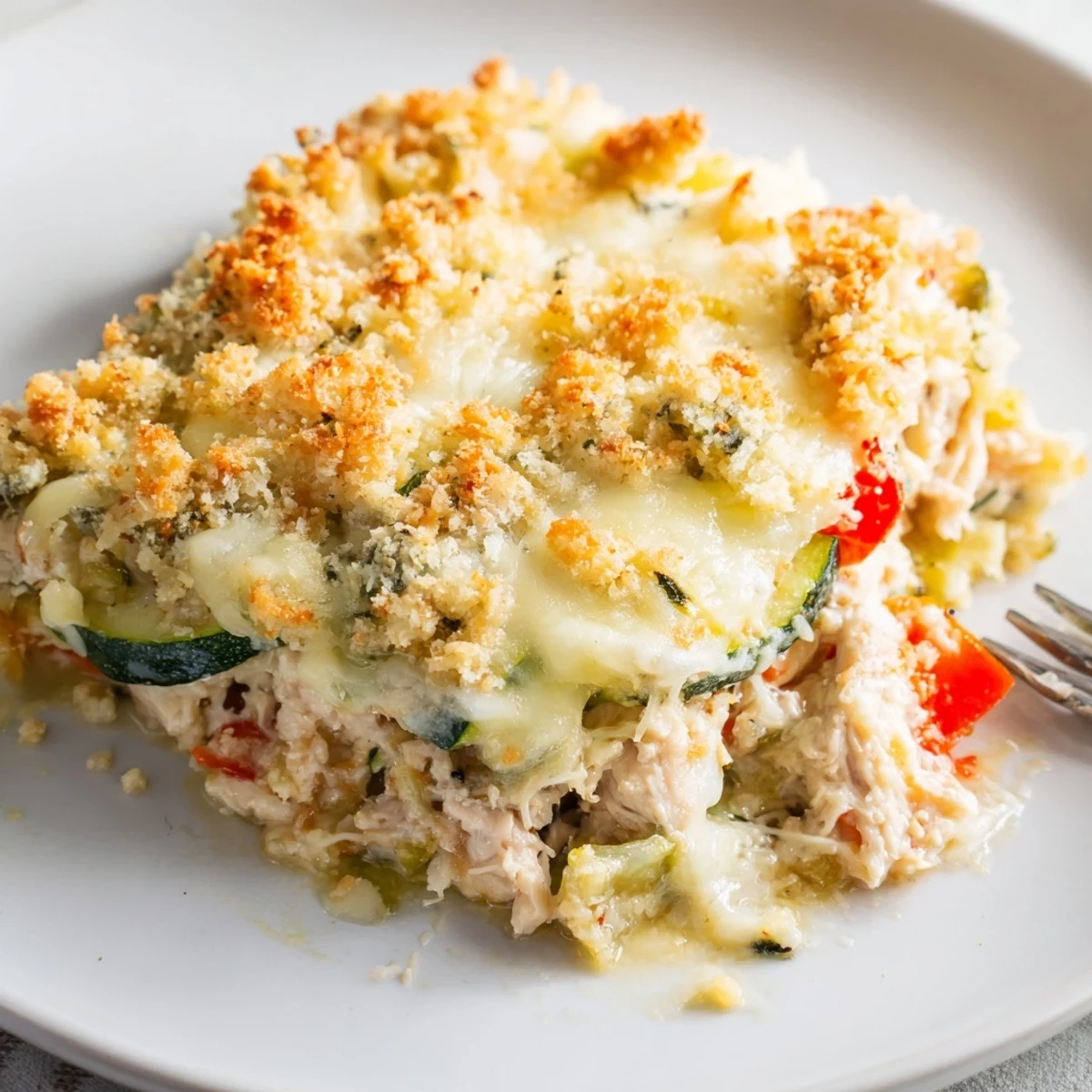 Kid-friendly Family Friendly Chicken Zucchini Bake served hot, creamy, paired with fresh green salad