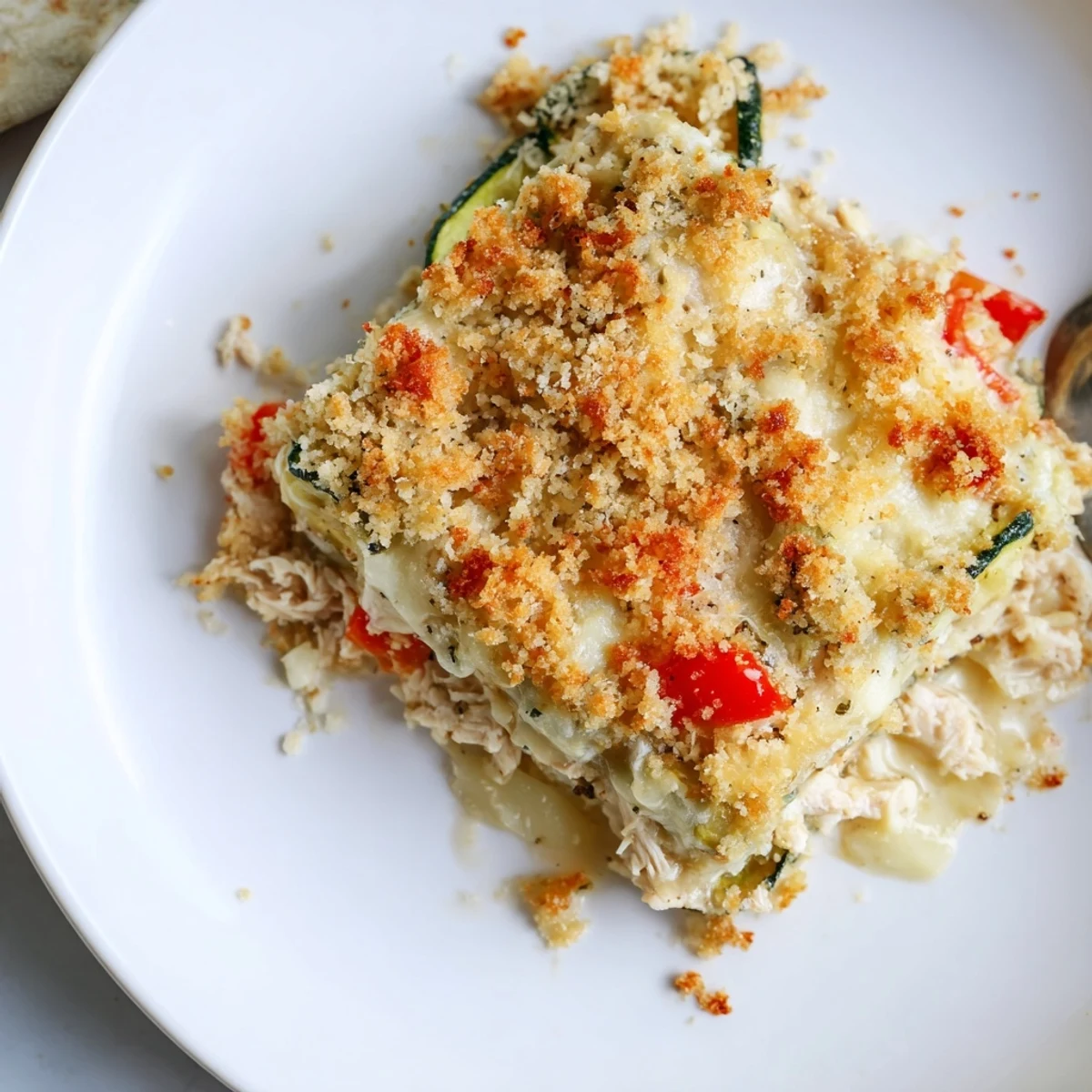 Warm Family Friendly Chicken Zucchini Bake sliced, tender chicken with sauteed zucchini and fragrant herbs
