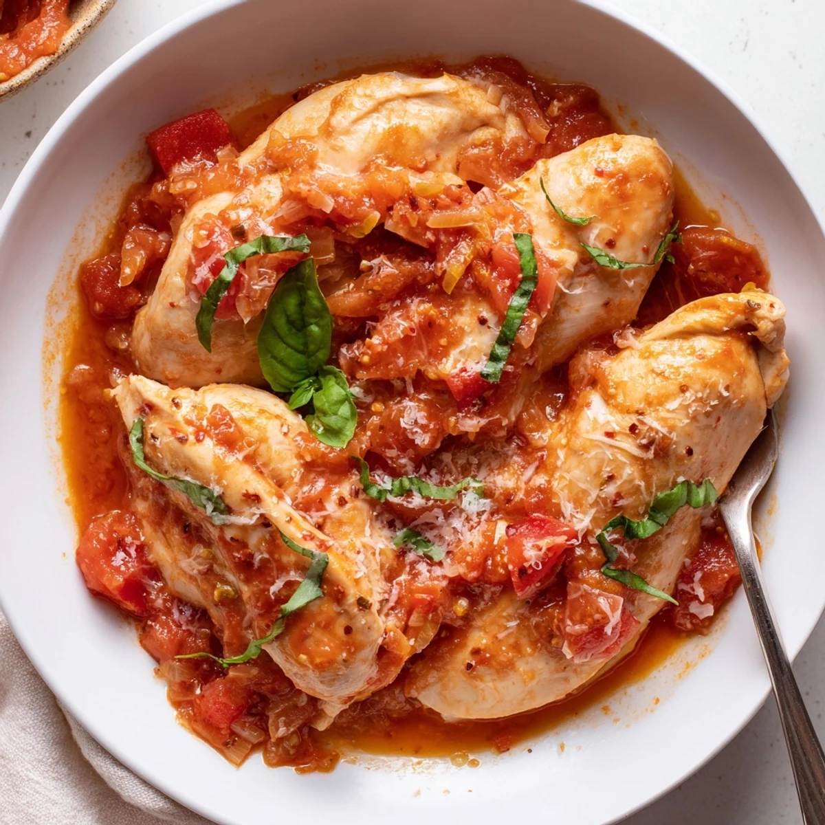 Slow Cooker Tomato Basil Chicken Breasts glistening in chunky tomato sauce, garnished with basil