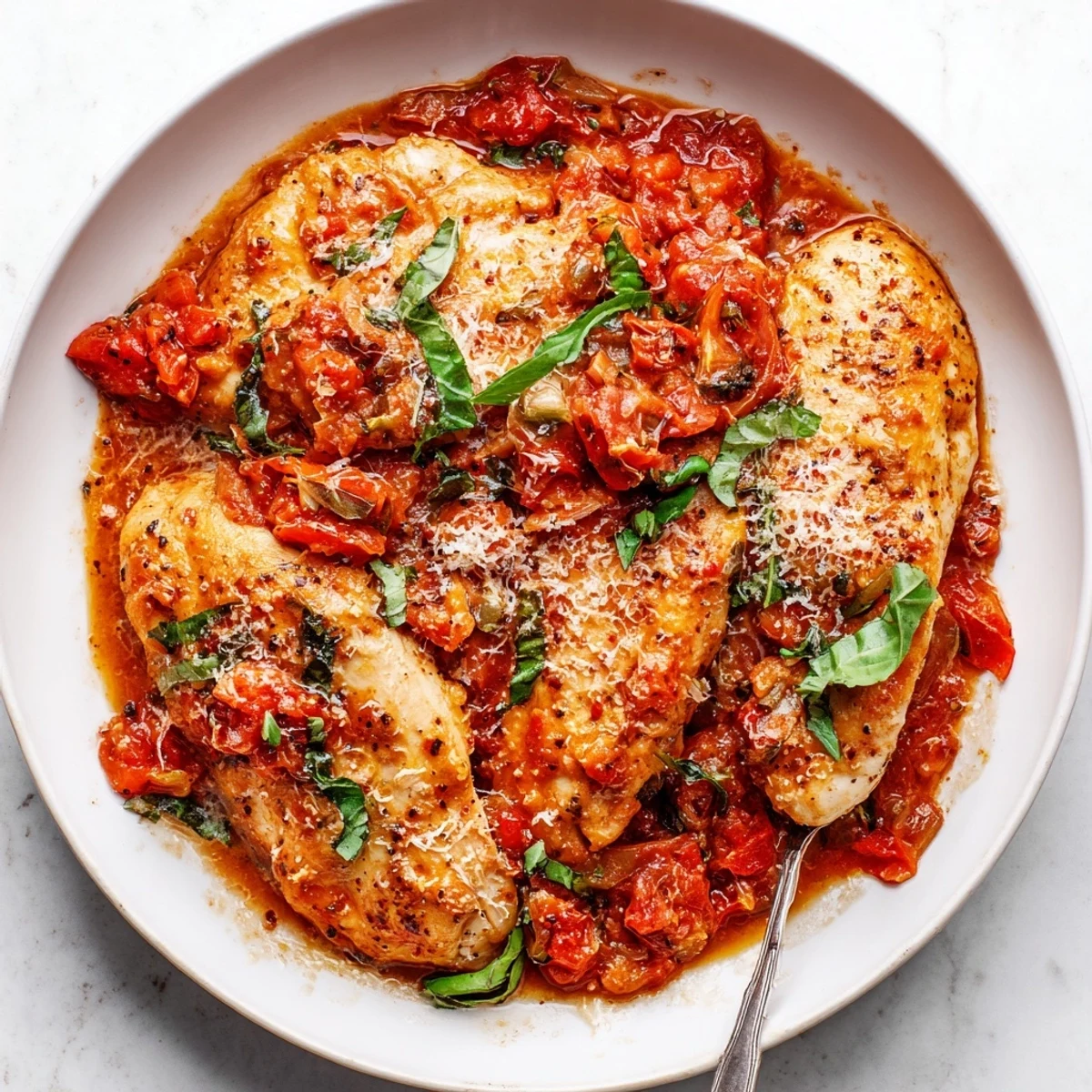 Tender Slow Cooker Tomato Basil Chicken Breasts simmered slowly, fragrant garlic and oregano
