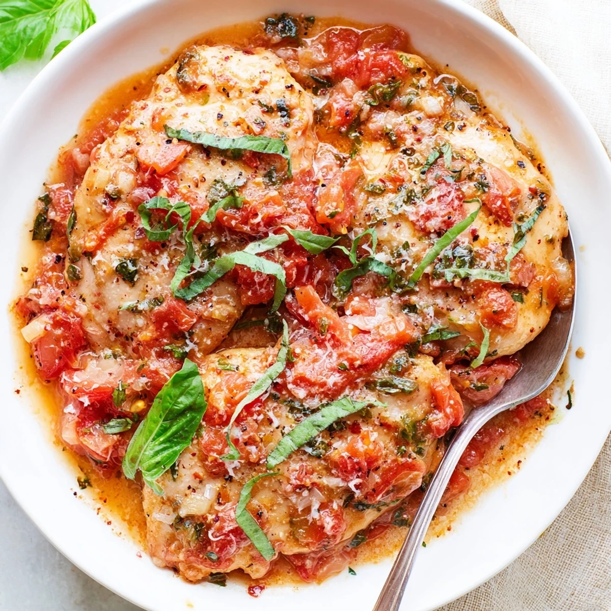 Hearty Slow Cooker Tomato Basil Chicken Breasts served over steaming rice, finished with Parmesan