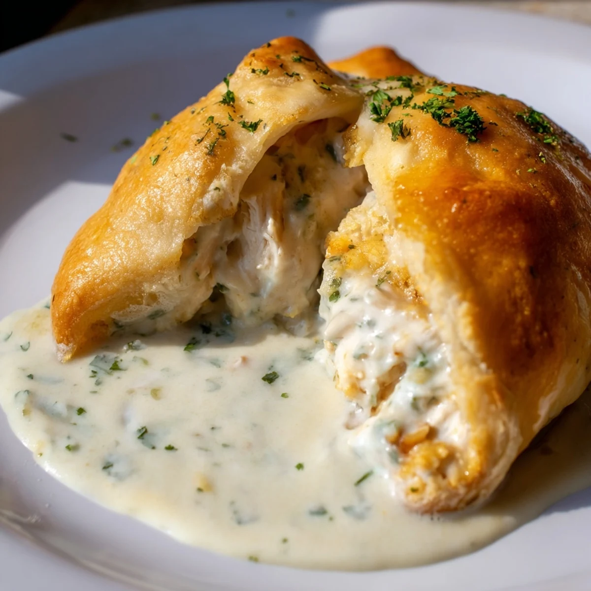 Golden baked chicken pillows with creamy parmesan sauce drizzled over flaky crescent dough