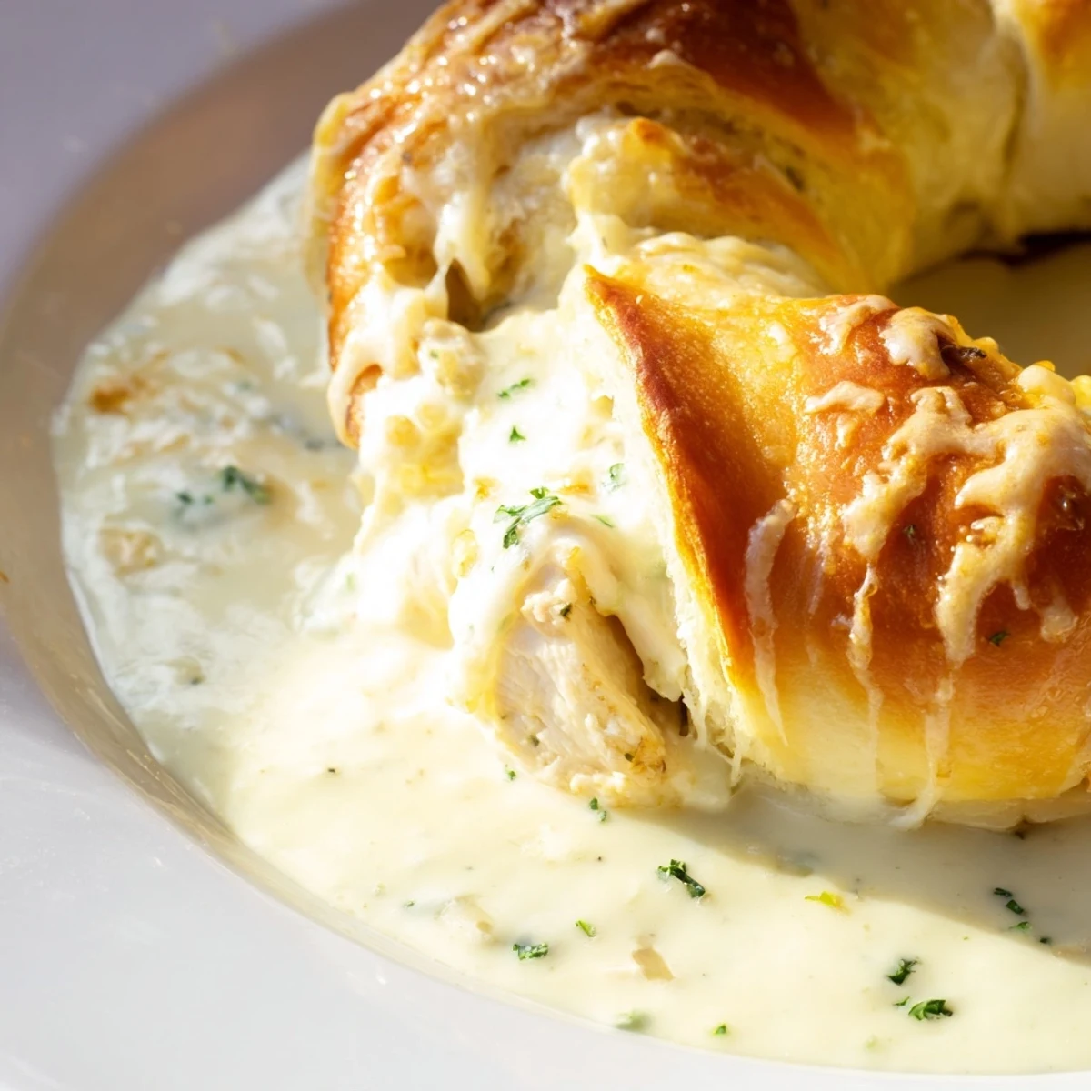 Flaky crescent wrapped chicken pillows served swimming in a rich white parmesan cream sauce