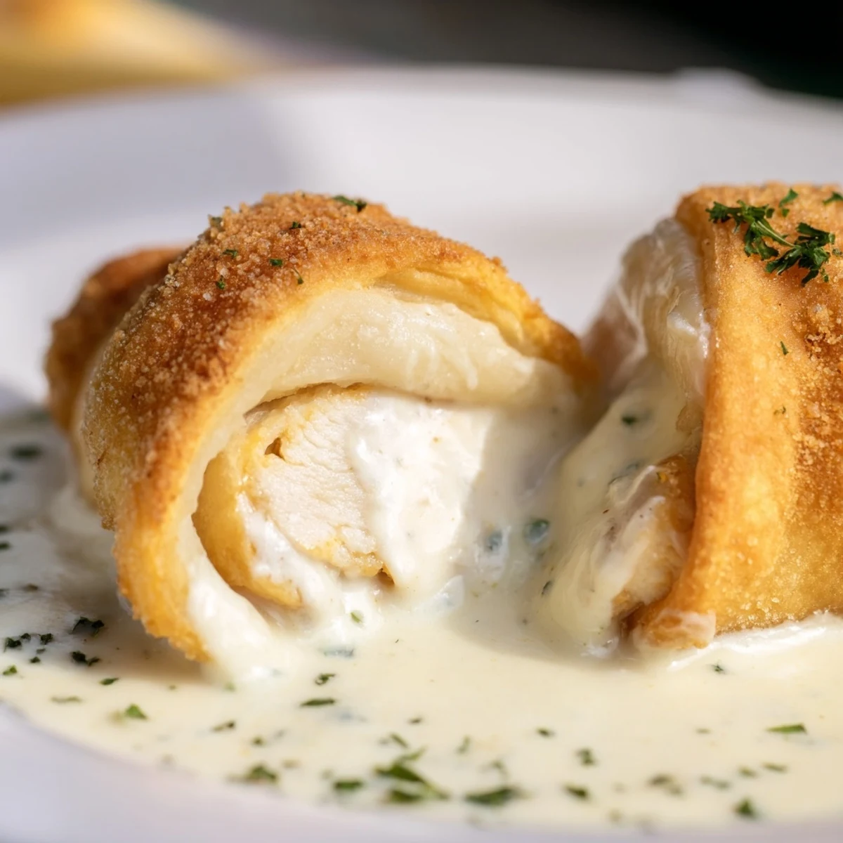 Tender stuffed chicken pillows baked golden brown topped with smooth homemade parmesan cream sauce