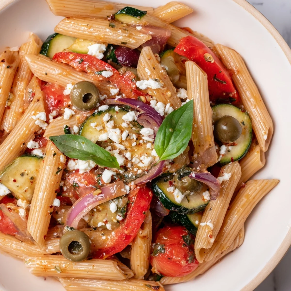 Vibrant bowl of Mediterranean one pot pasta loaded with cherry tomatoes, zucchini, and fresh basil