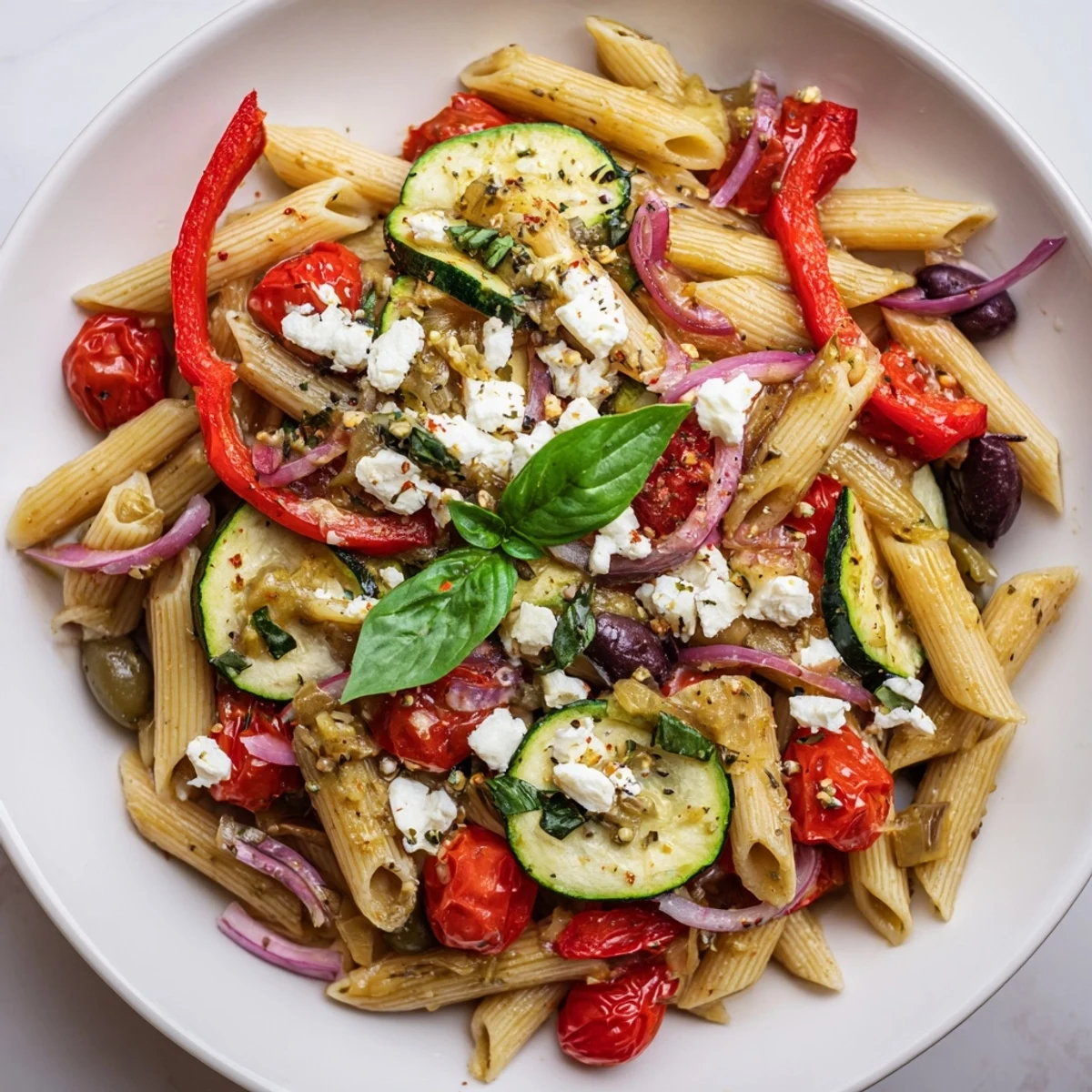 Steamy Mediterranean one pot pasta featuring colorful vegetables, olives, and melted feta cheese garnish