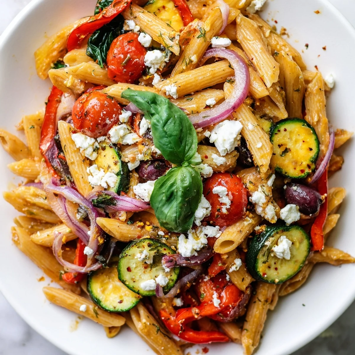 Homemade Mediterranean one pot pasta with penne, spinach, Kalamata olives, and crumbled feta topping