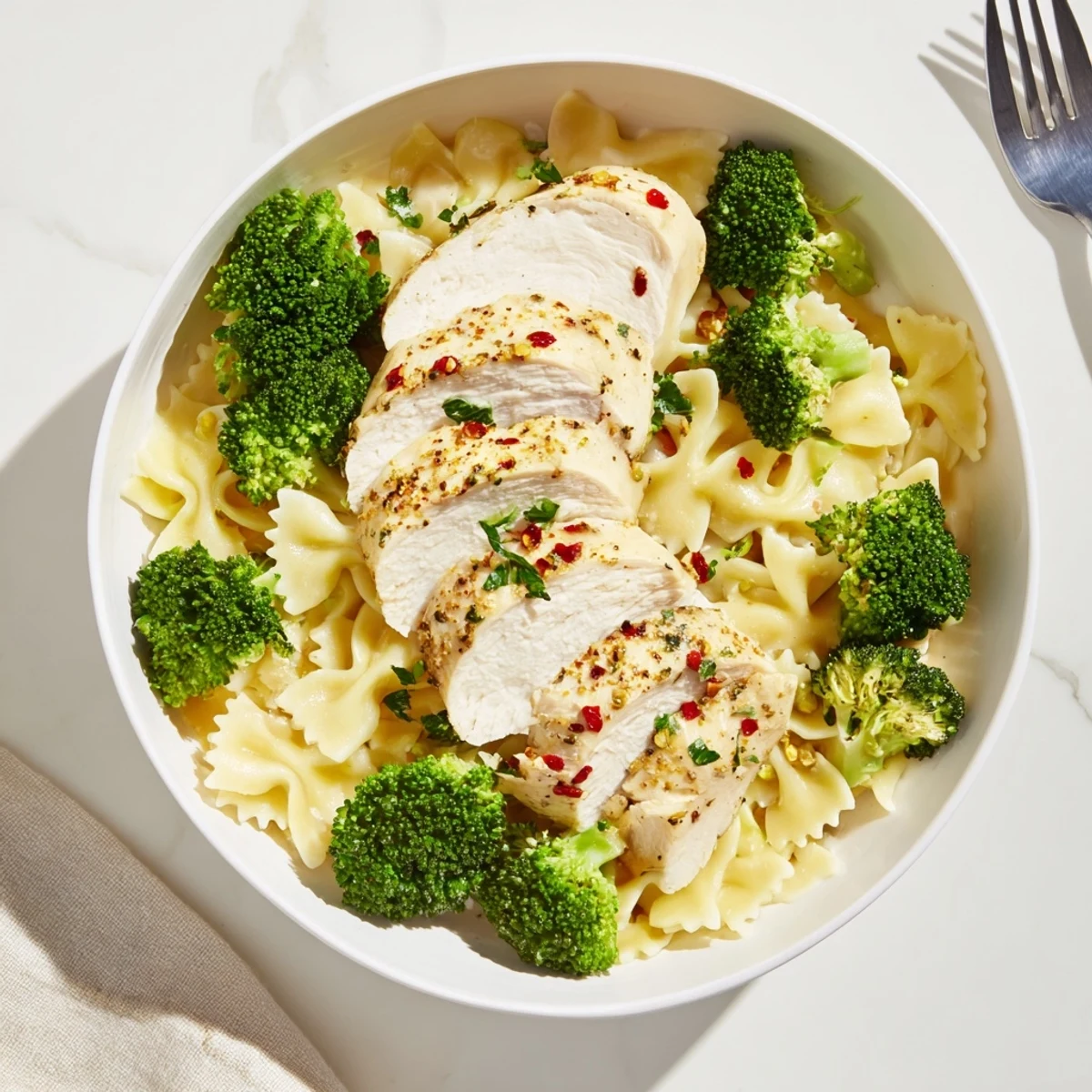 Golden sliced cowboy butter chicken resting on lemony bowtie pasta with vibrant green broccoli florets