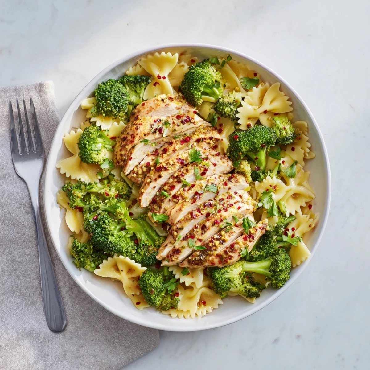 Colorful plate of zesty cowboy butter chicken served over bowtie pasta with fresh broccoli and lemon wedges