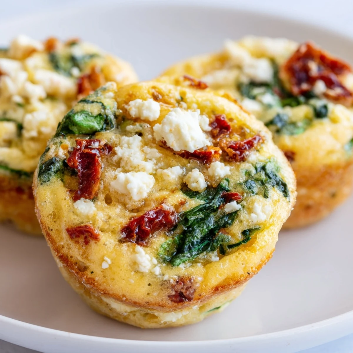 Golden baked spinach feta and sun dried tomato egg muffin cups fresh from oven