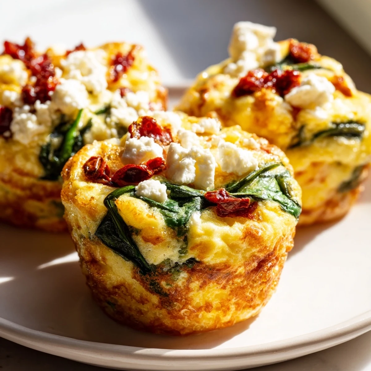 Fluffy Mediterranean spinach feta and sun dried tomato egg muffin cups in muffin tin