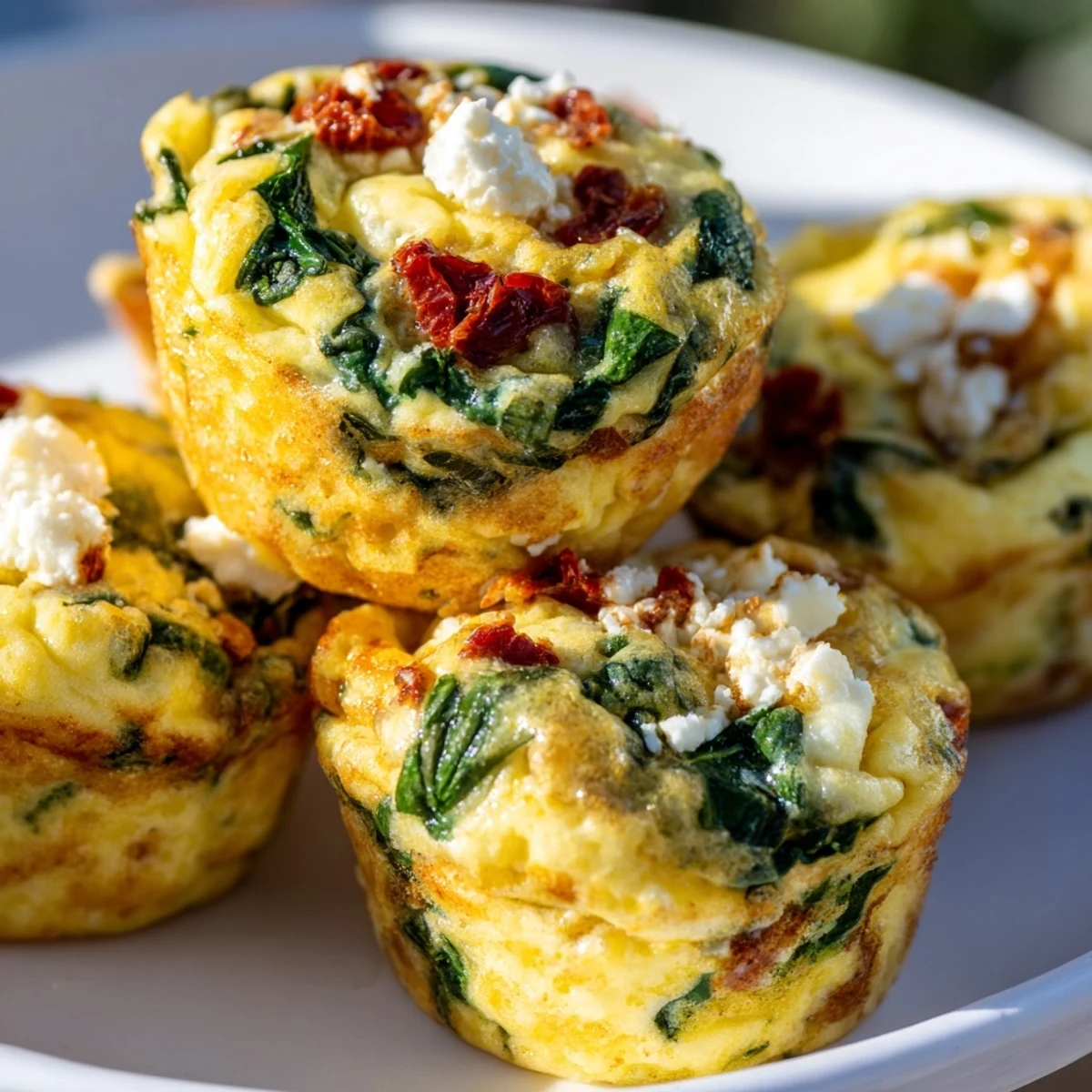 Bite-sized spinach feta and sun dried tomato egg muffin cups sprinkled with feta
