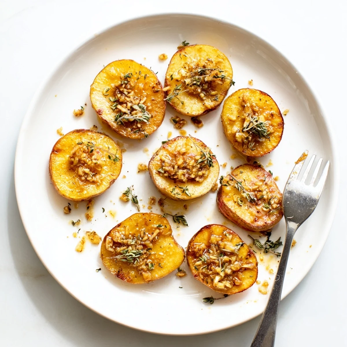 Golden brown garlic roasted radishes arranged on a white serving plate with fresh parsley garnish