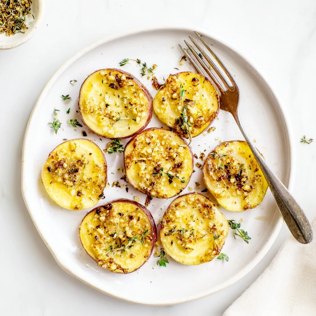 Savory low carb garlic roasted radishes served warm as a gluten free vegetable side dish