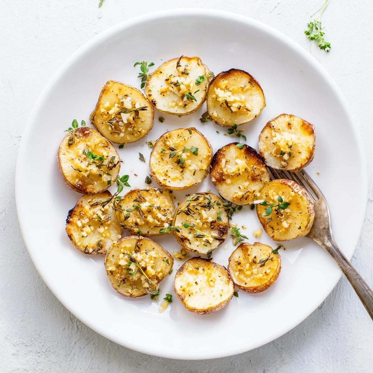 Tender halved radishes caramelized in the oven with garlic cloves and dried thyme seasoning