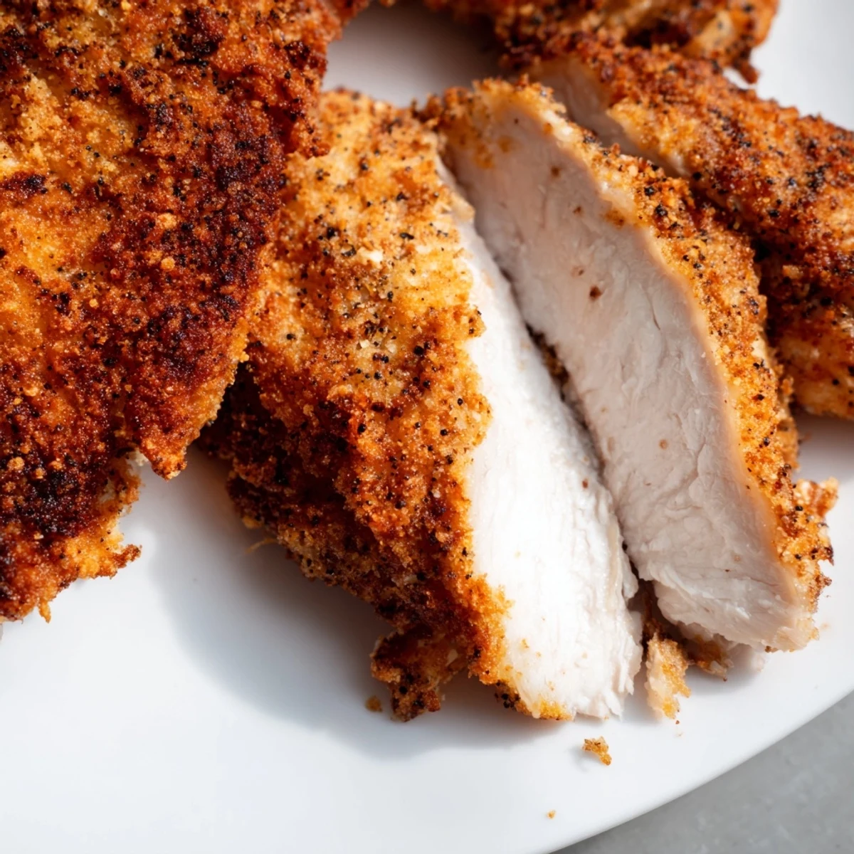 Golden fried chicken breast with crispy breadcrumb coating served on a white plate