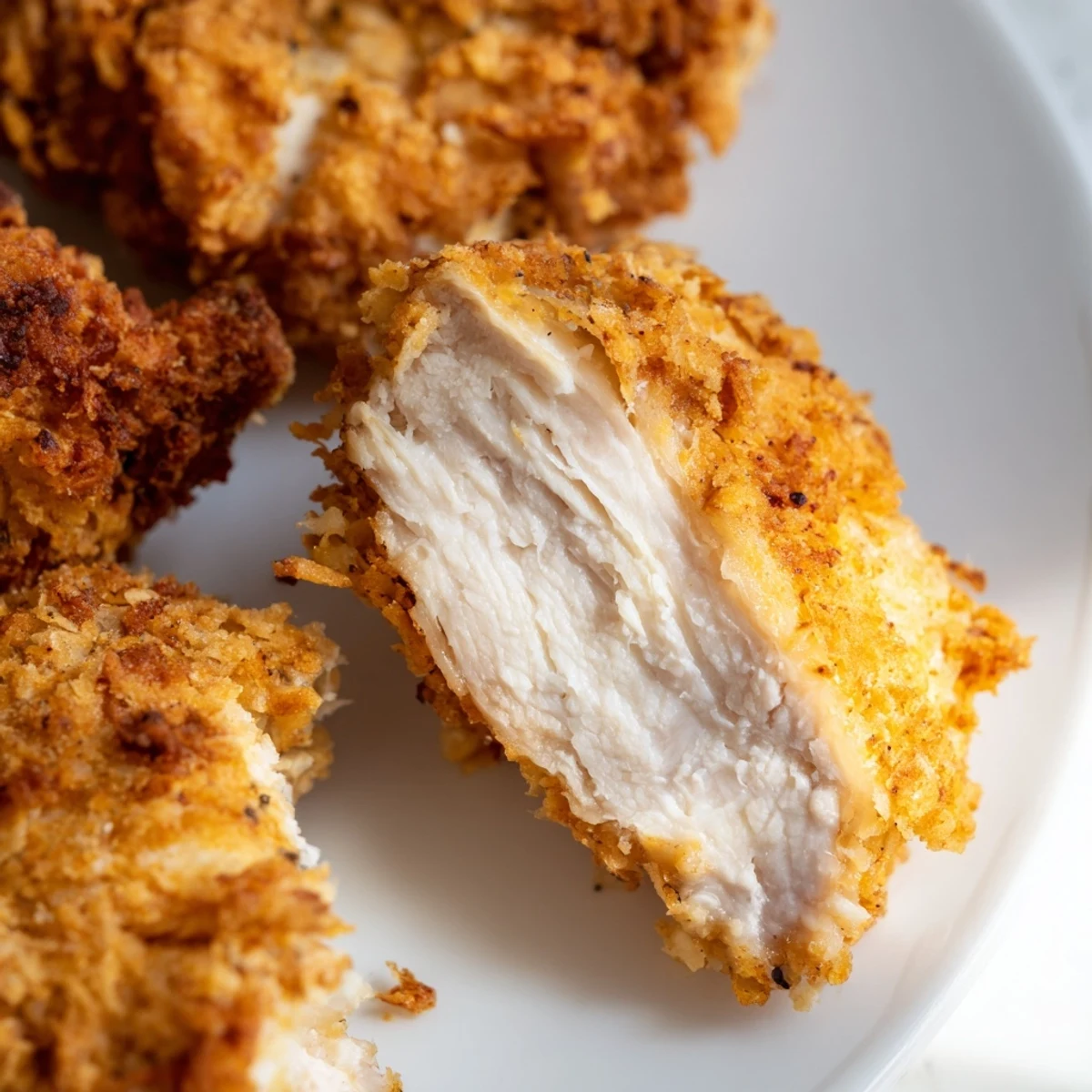 Juicy fried chicken breast featuring a crunchy golden exterior and tender meat inside