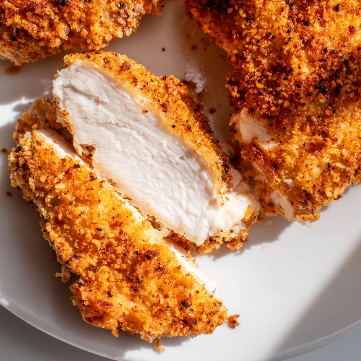 Homemade fried chicken breast piled high with savory crispy browning and garnish