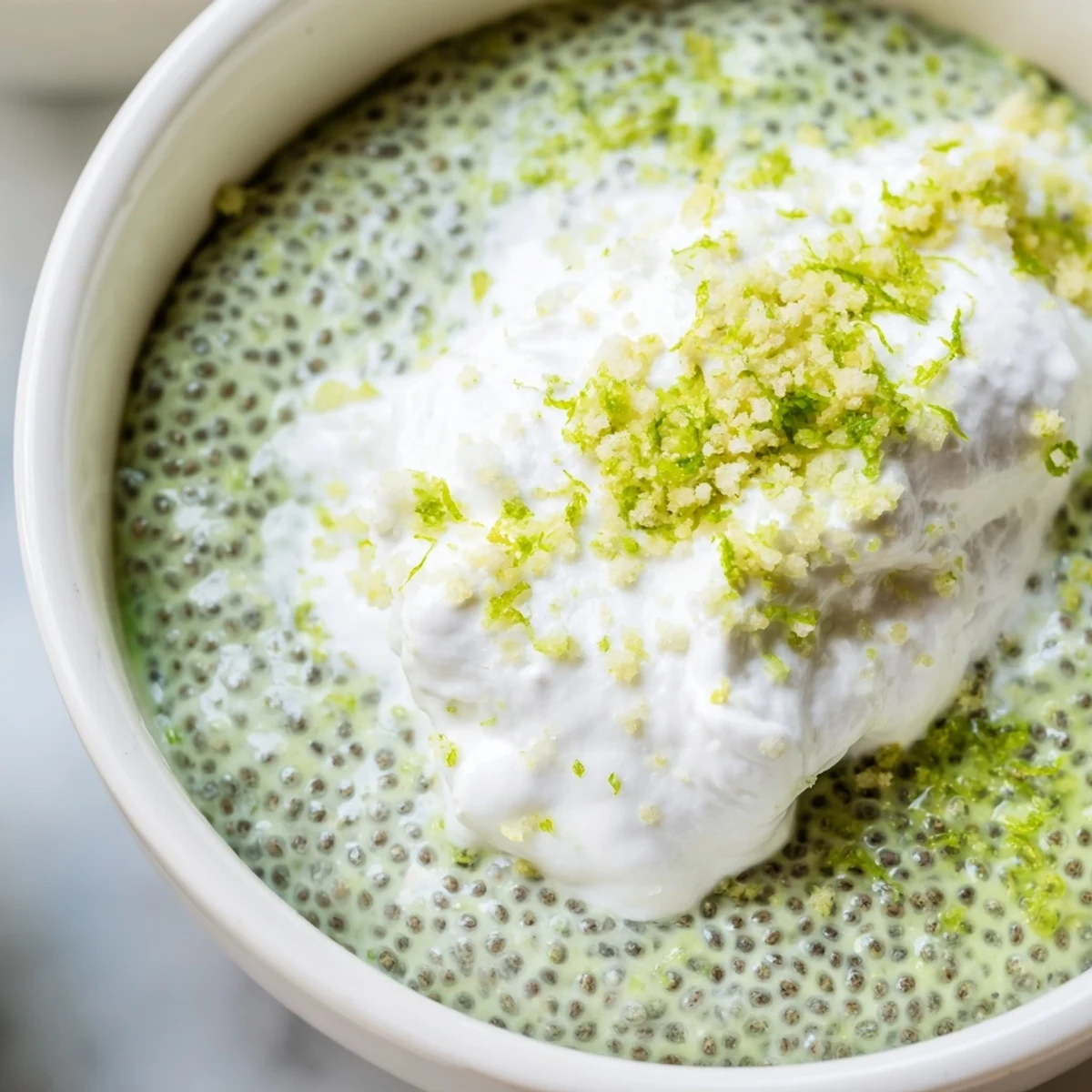 Creamy key lime chia pudding topped with coconut whipped cream and fresh lime zest slices