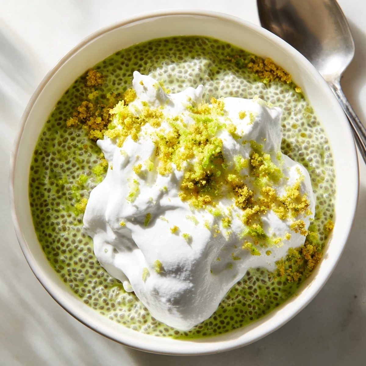 Green key lime chia pudding in glass jars with lime wedges and fluffy coconut cream