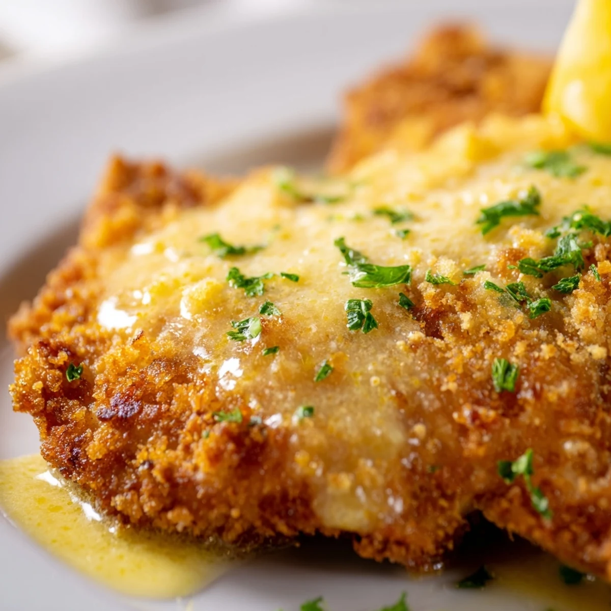 Golden crispy Lemon Chicken Romano cutlets drizzled with light lemon garlic sauce on white plate