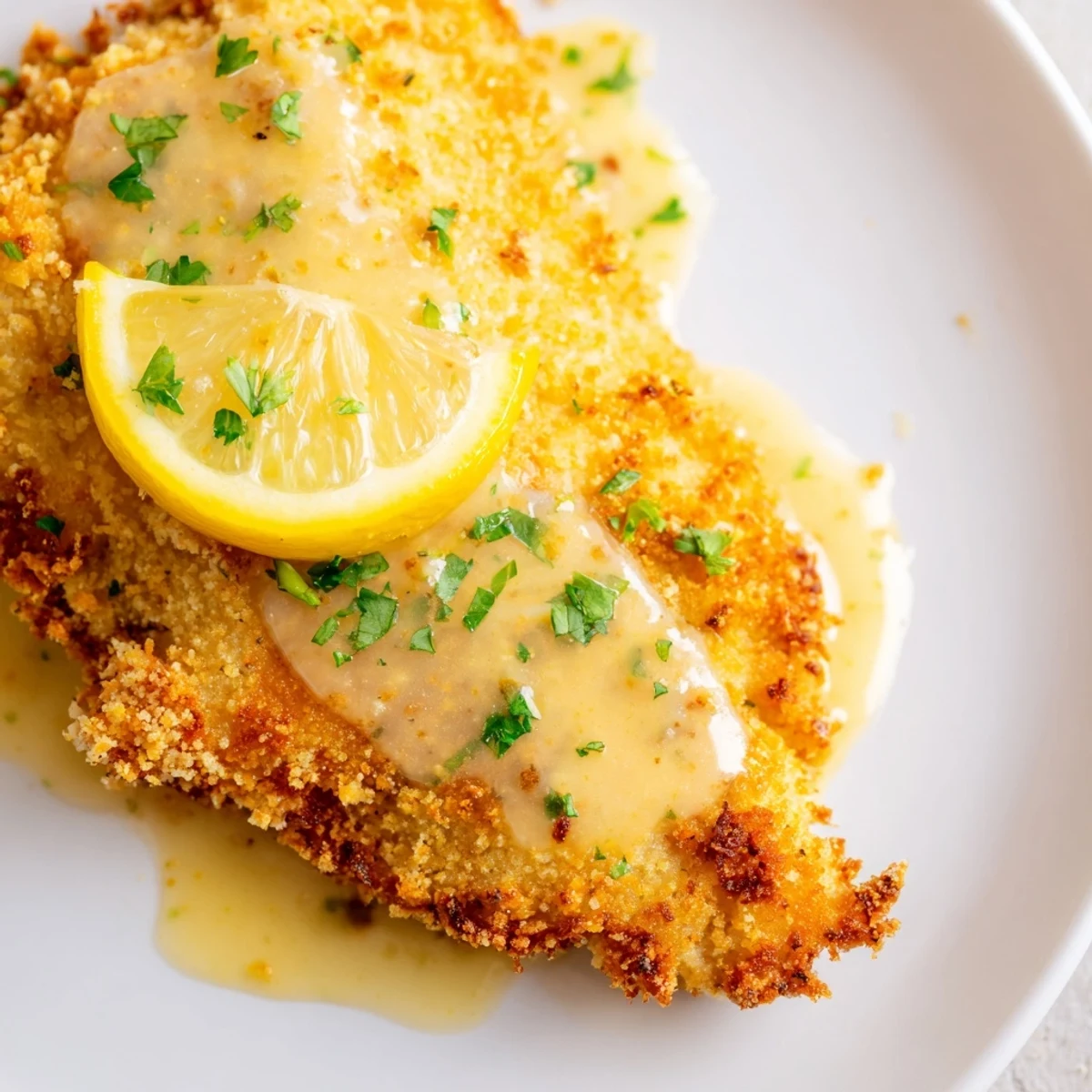 Italian-American Lemon Chicken Romano featuring golden breaded cutlets finished with tangy lemon butter sauce
