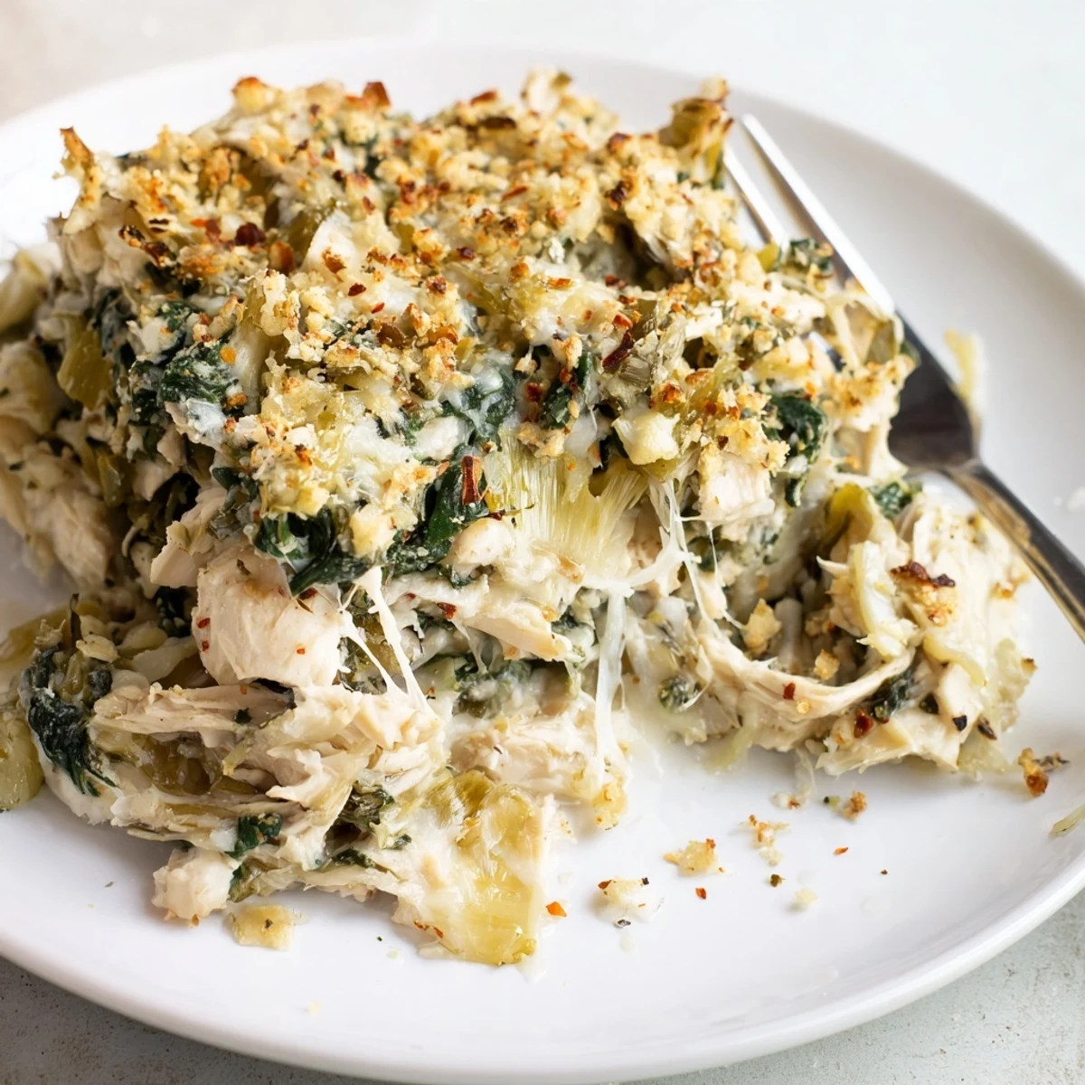 Creamy Spinach Artichoke Chicken Casserole bubbling golden, cheesy top, ready to serve