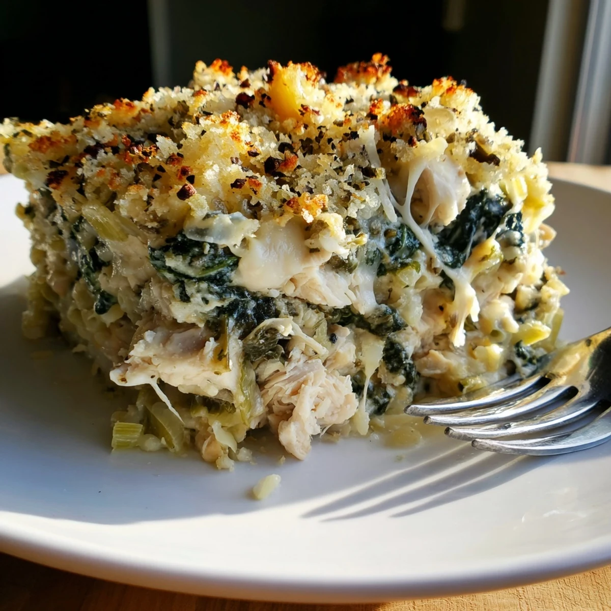 Baked Spinach Artichoke Chicken Casserole with tender chicken, garlicky spinach, golden breadcrumbs