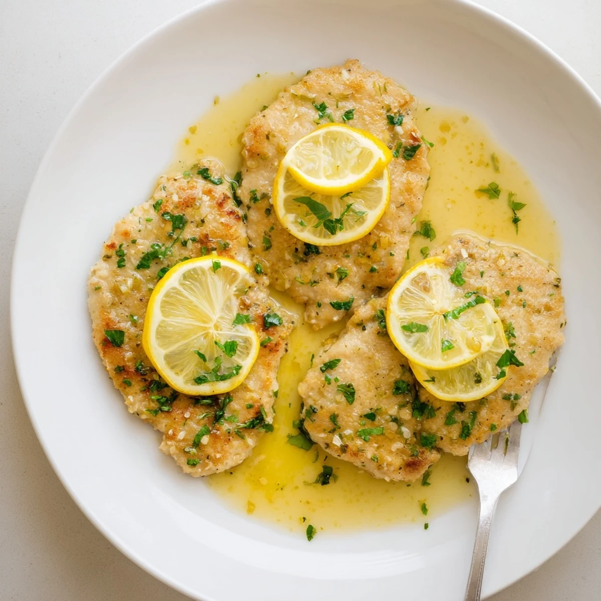 Crispy Lemon Chicken Romano cutlets glistening with zesty lemon-butter sauce  