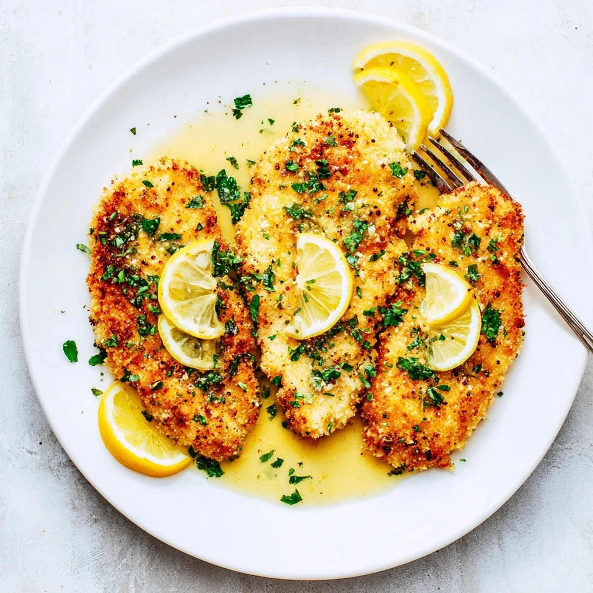 Pan-fried Lemon Chicken Romano served over angel hair pasta with parsley  
