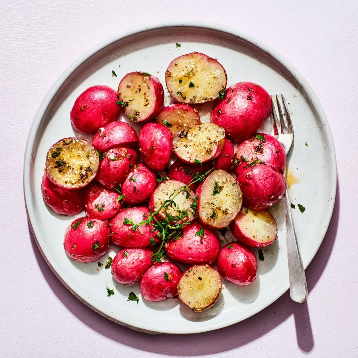 Bright Garlic Roasted Radishes tossed in olive oil, lemon, ready to serve