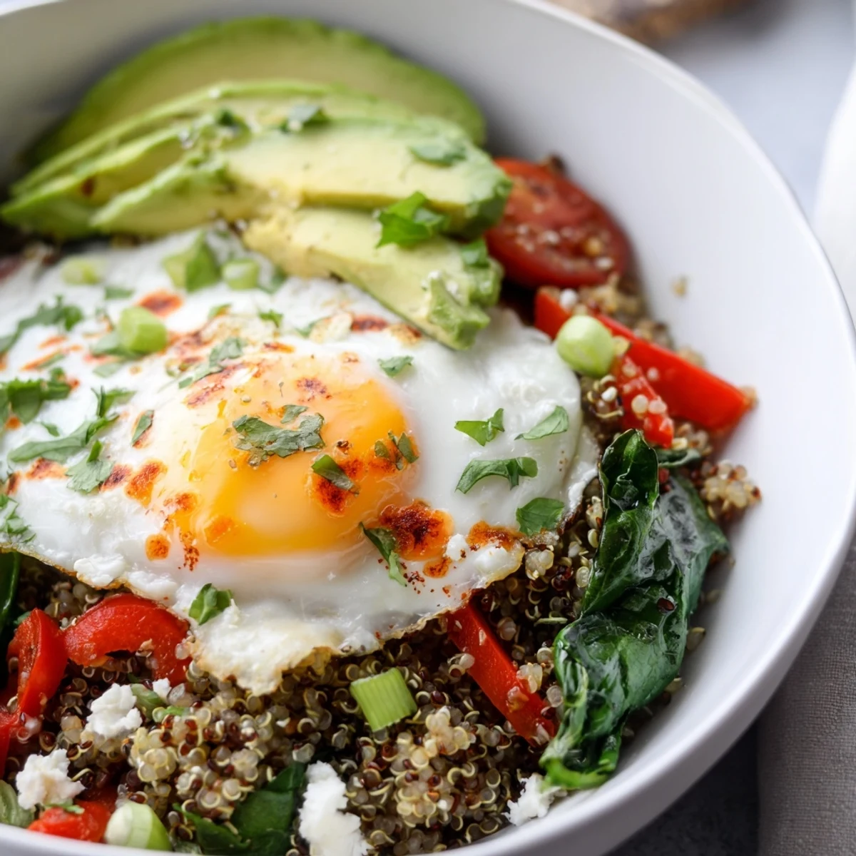 Warm savory quinoa breakfast bowl garnished with creamy avocado and crumbled feta cheese