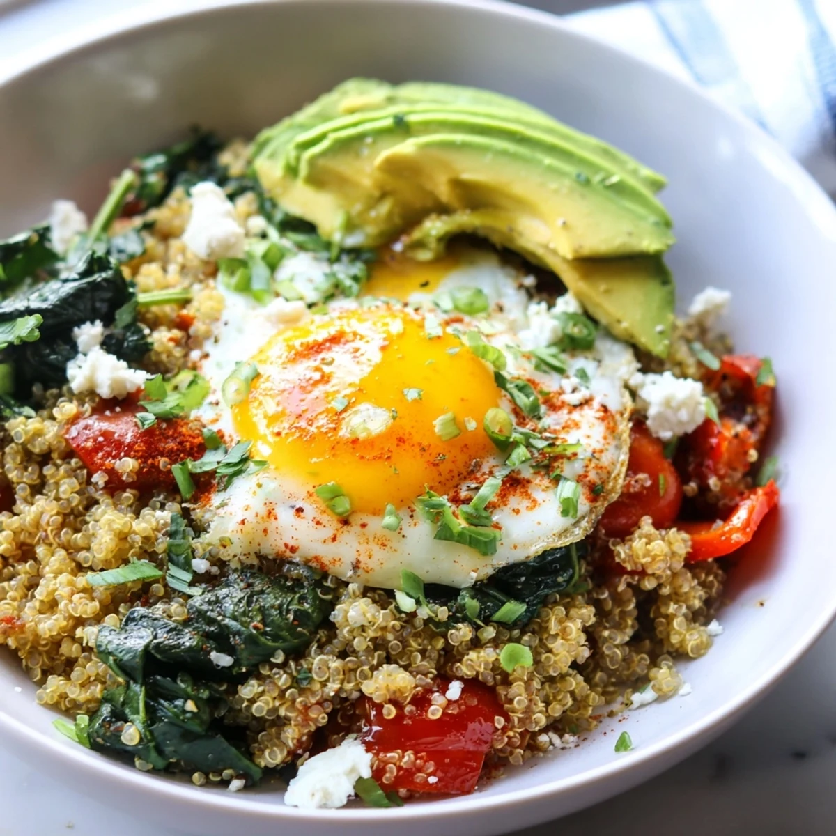Fluffy savory quinoa breakfast bowl topped with a golden fried egg and fresh vegetables